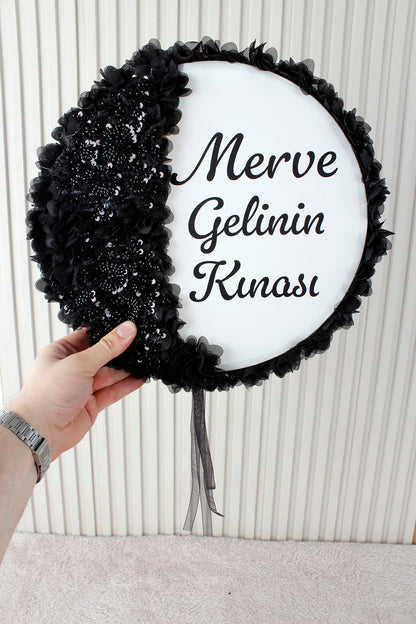 Aplik ve 3D Çiçek Süslemeli Kişiye Özel Gelin Tefi 32 cm Kına, Düğün, Nedime, Bride, Parti, Sünnet, Def