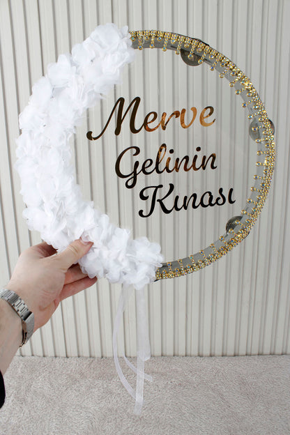 Led'li Şeffaf Gelin Tefi 32 Cm 3d Çiçekli Taşlı Nedime Bride Kına Düğün Parti Defi