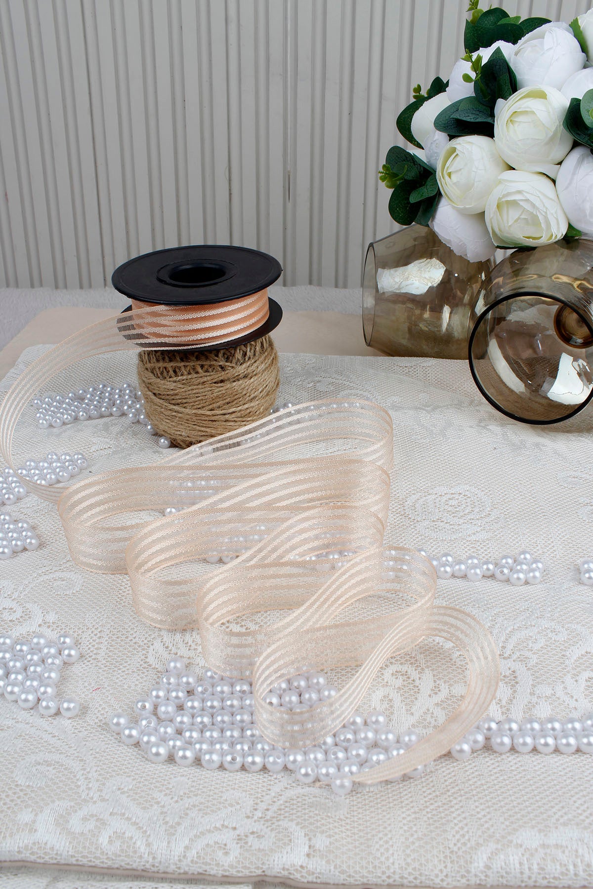 Hilton Çizgili Şifon Kurdele 2.5 cm 20 mt - Bohça, Nikah, Nişan, Çeyiz, Hediye, Süsleme, Parti