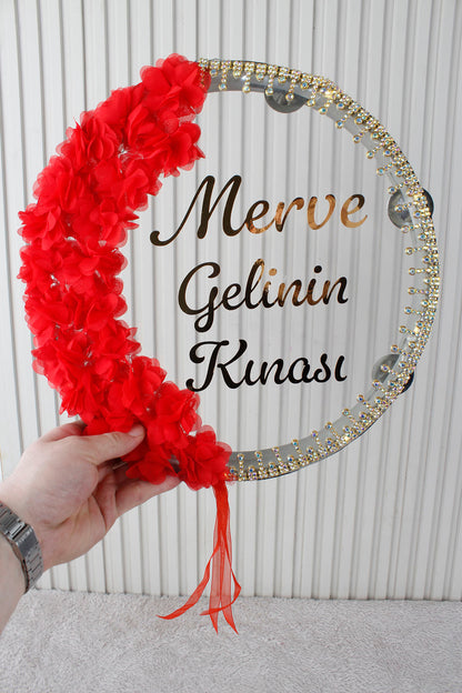 Led'li Şeffaf Gelin Tefi 32 Cm 3d Çiçekli Taşlı Nedime Bride Kına Düğün Parti Defi