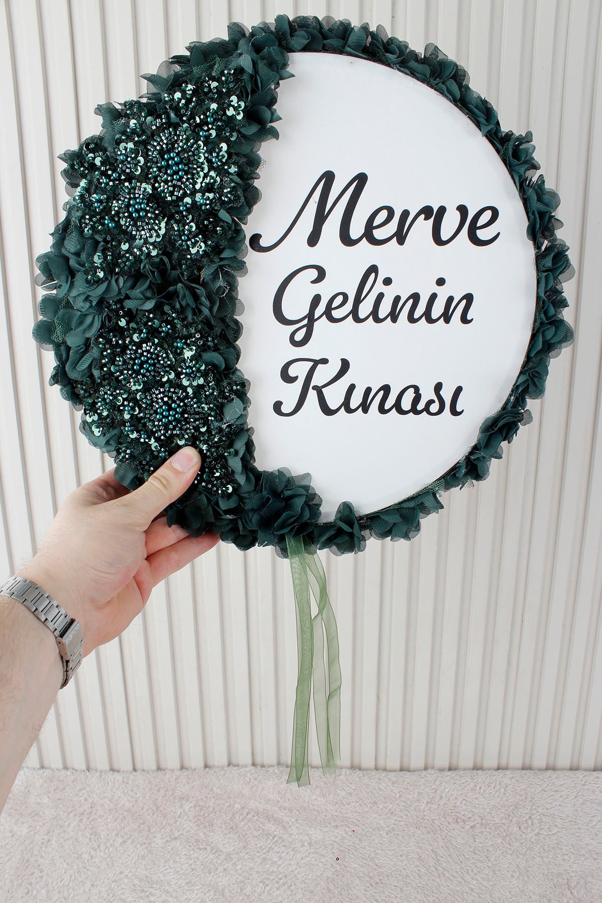 Aplik ve 3D Çiçek Süslemeli Kişiye Özel Gelin Tefi 32 cm Kına, Düğün, Nedime, Bride, Parti, Sünnet, Def
