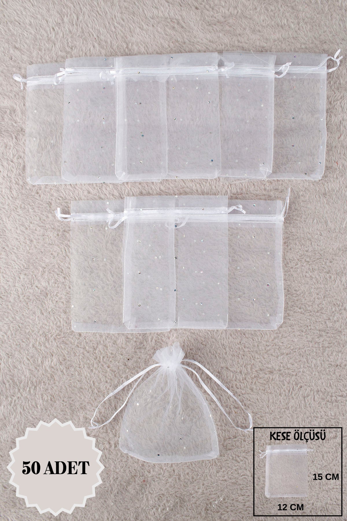 Düz Organze Tül Kese 50 Adet 9x12 Cm Kına, Çerez, Kuruyemiş Hediyelik Altın Söz Bohça Tesbih
