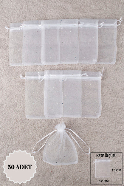 Düz Organze Tül Kese 50 Adet 9x12 Cm Kına, Çerez, Kuruyemiş Hediyelik Altın Söz Bohça Tesbih