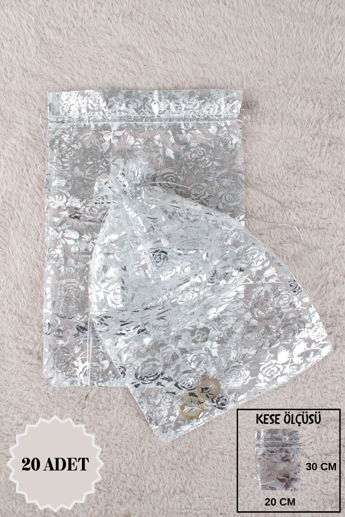 Düz Organze Tül Kese 50 Adet 9x12 Cm Kına, Çerez, Kuruyemiş Hediyelik Altın Söz Bohça Tesbih