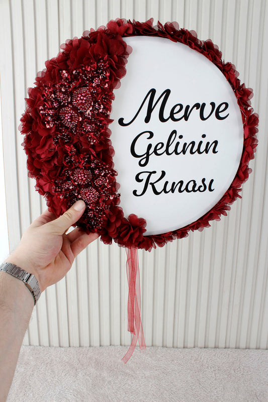 Aplik ve 3D Çiçek Süslemeli Kişiye Özel Gelin Tefi 32 cm Kına, Düğün, Nedime, Bride, Parti, Sünnet, Def