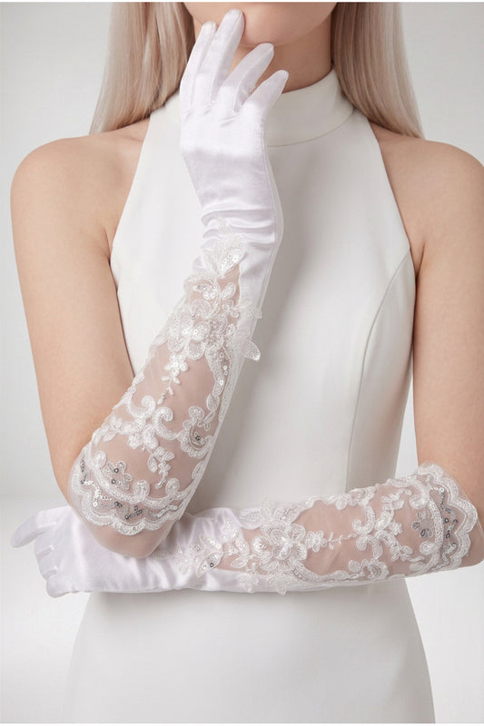 Dantel İşlemeli Uzun Saten Kadın Eldiveni – Gelinlik, Gelin, Nikah, Düğün, Nişan, Kına, Balo, Davet, Mezuniyet, Bekarlığa Veda ve Fotoğraf Çekimi Aksesuarı
