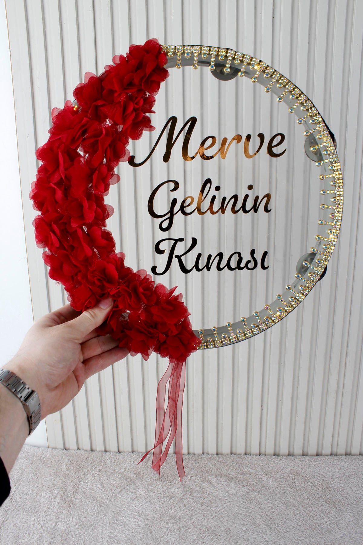 Led'li Şeffaf Gelin Tefi 32 Cm 3d Çiçekli Taşlı Nedime Bride Kına Düğün Parti Defi