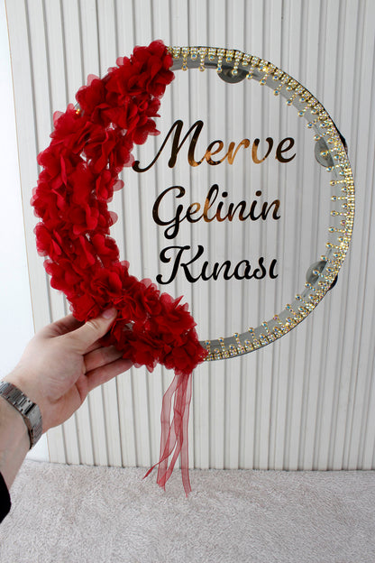 Led'li Şeffaf Gelin Tefi 32 Cm 3d Çiçekli Taşlı Nedime Bride Kına Düğün Parti Defi
