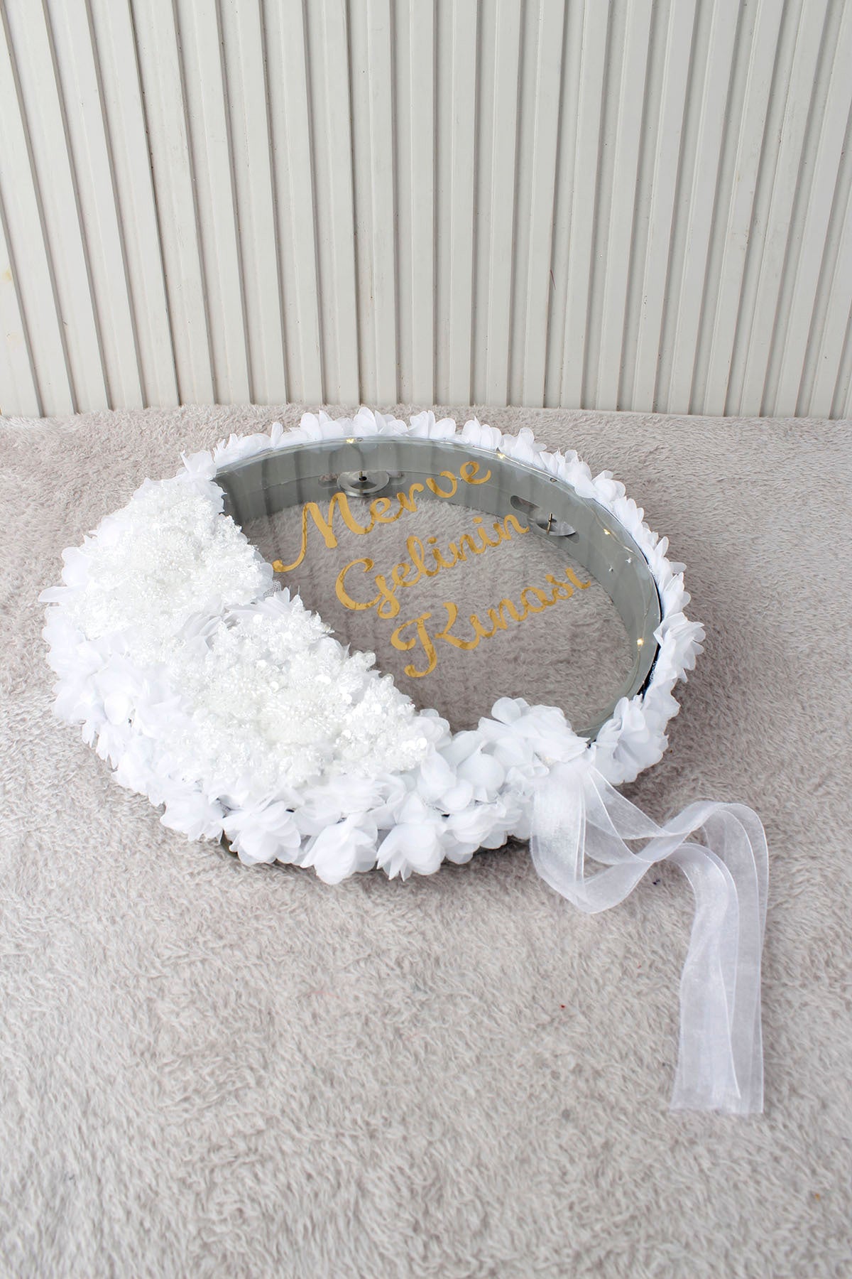 Aplik ve 3D Çiçek Süsleme LED’li Şeffaf Gelin Tefi 32 cm Kına Düğün Nedime Bride Parti Defi