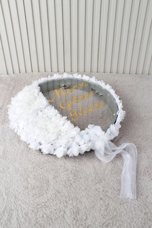 Aplik ve 3D Çiçek Süsleme LED’li Şeffaf Gelin Tefi 32 cm Kına Düğün Nedime Bride Parti Defi