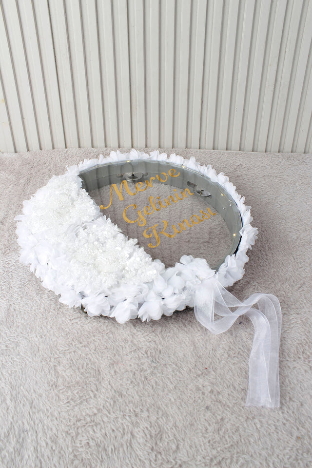 Aplik ve 3D Çiçek Süsleme LED’li Şeffaf Gelin Tefi 32 cm Kına Düğün Nedime Bride Parti Defi