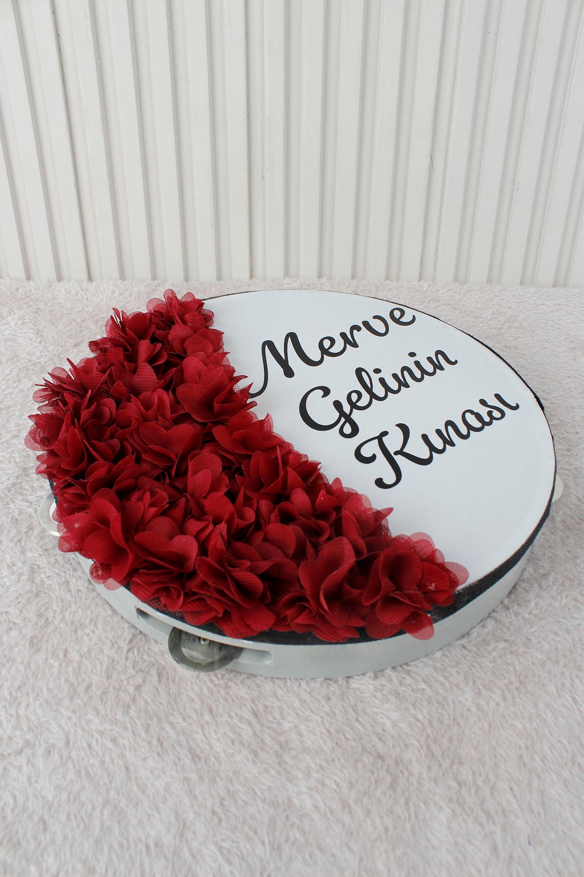 Mavi Hilal Desenli Gelin Tefi 28 cm 3D Çiçek Süslemeli Kına Düğün Nedime Bride Parti Defi