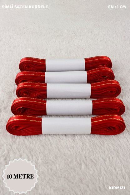 Simli Saten Kurdele 1cm 10mt - Bohça, Nikah, Nişan, Çeyiz, Hediye, Süsleme, Parti