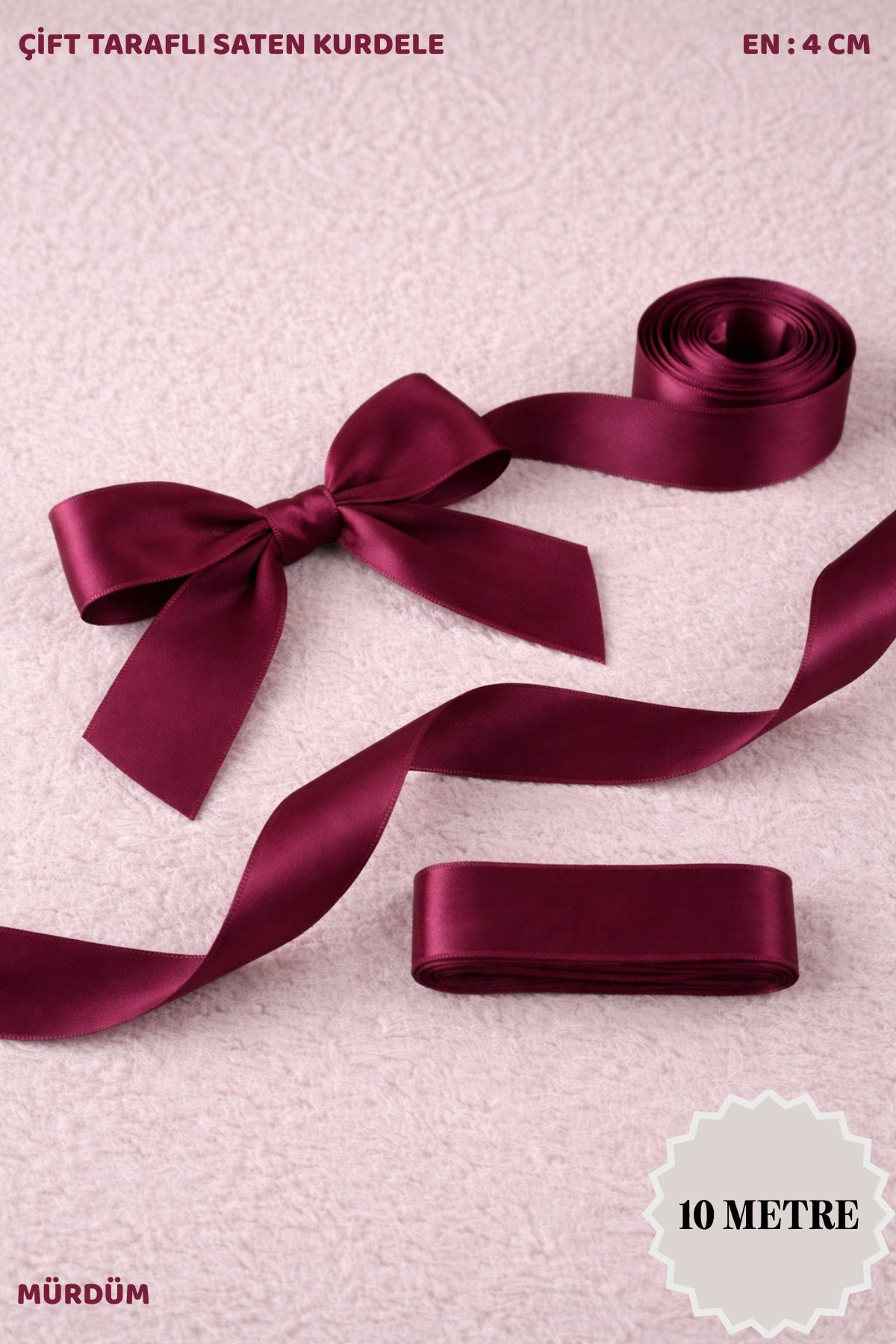 Saten Kurdele 4 cm 10mt - Bohça, Nikah, Nişan, Çeyiz, Hediye, Süsleme, Doğum Günü, Parti