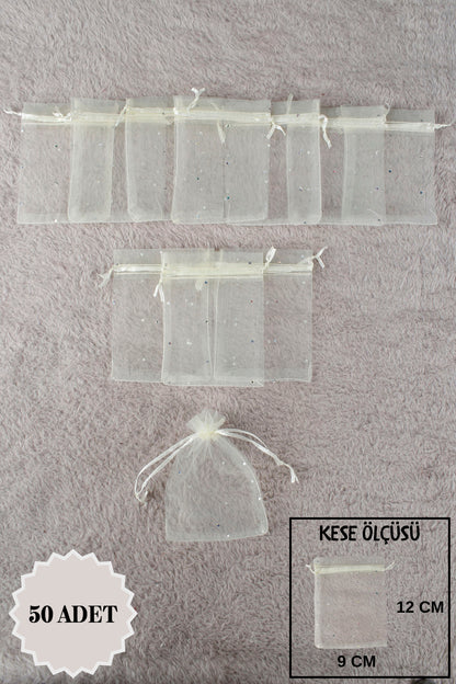 Düz Organze Tül Kese 50 Adet 9x12 Cm Kına, Çerez, Kuruyemiş Hediyelik Altın Söz Bohça Tesbih