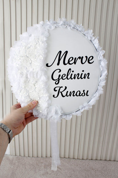 Aplik ve 3D Çiçek Süslemeli Kişiye Özel Gelin Tefi 32 cm Kına, Düğün, Nedime, Bride, Parti, Sünnet, Def