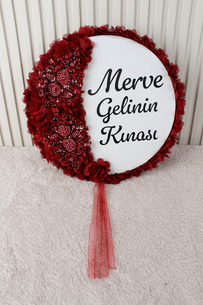 Aplik ve 3D Çiçek Süslemeli Kişiye Özel Gelin Tefi 32 cm Kına, Düğün, Nedime, Bride, Parti, Sünnet, Def