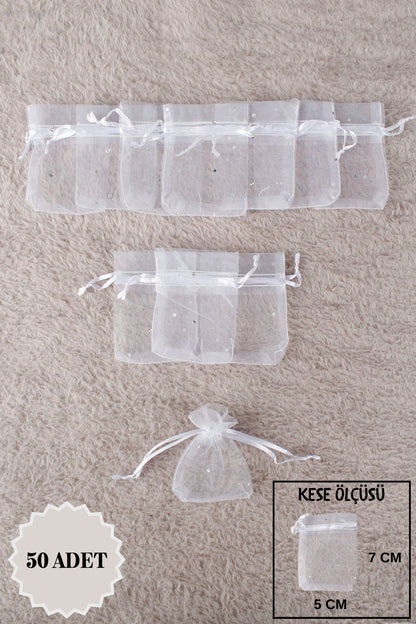 Düz Organze Tül Kese 50 Adet 9x12 Cm Kına, Çerez, Kuruyemiş Hediyelik Altın Söz Bohça Tesbih