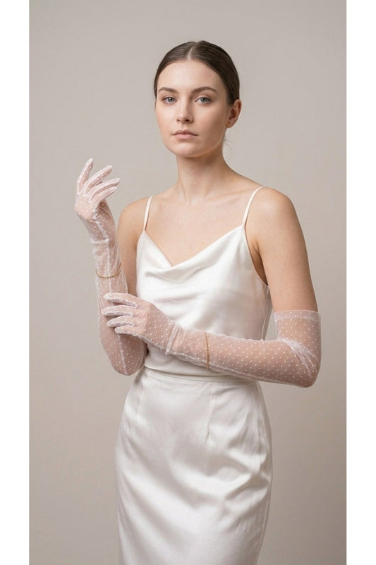 Puantiyeli Dantel Uzun Kadın Eldiven – Gelinlik, Gelin, Nikah, Düğün, Nişan, Kına, Balo, Davet, Parti, Kına Gecesi, Kostüm, Bride, Mezuniyet, Bekarlığa Veda Fotoğraf Çekimi Aksesuar Eldiveni