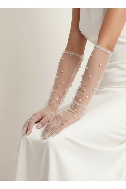 İnci Süslemeli Tül Uzun Kadın Eldiven – Gelinlik, Gelin, Nikah, Düğün, Nişan, Kına, Balo, Davet, Parti, Kına Gecesi, Kostüm, Bride, Mezuniyet, Bekarlığa Veda Fotoğraf Çekimi Aksesuar Eldiveni