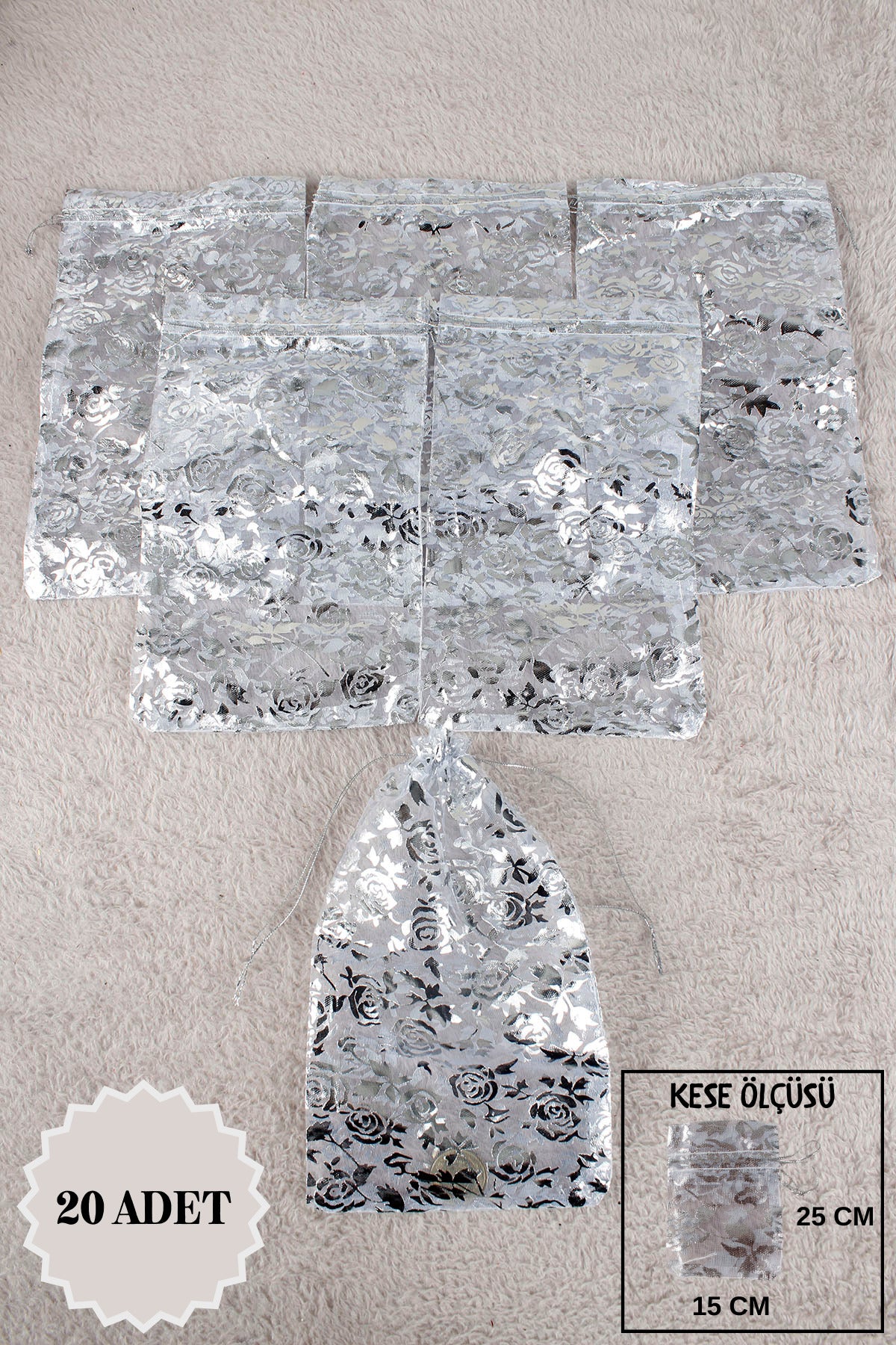 Düz Organze Tül Kese 50 Adet 9x12 Cm Kına, Çerez, Kuruyemiş Hediyelik Altın Söz Bohça Tesbih
