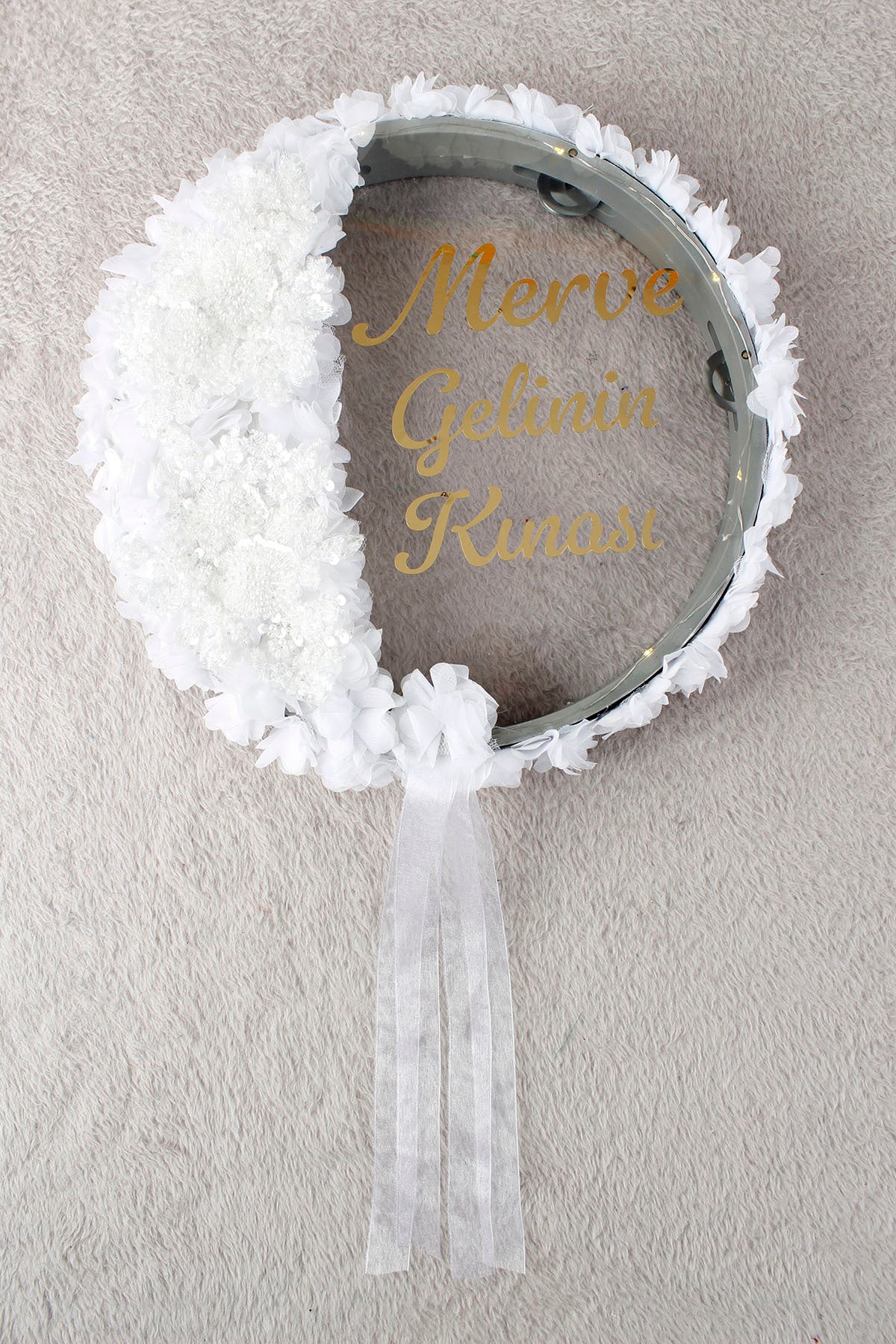 Aplik ve 3D Çiçek Süsleme LED’li Şeffaf Gelin Tefi 32 cm Kına Düğün Nedime Bride Parti Defi