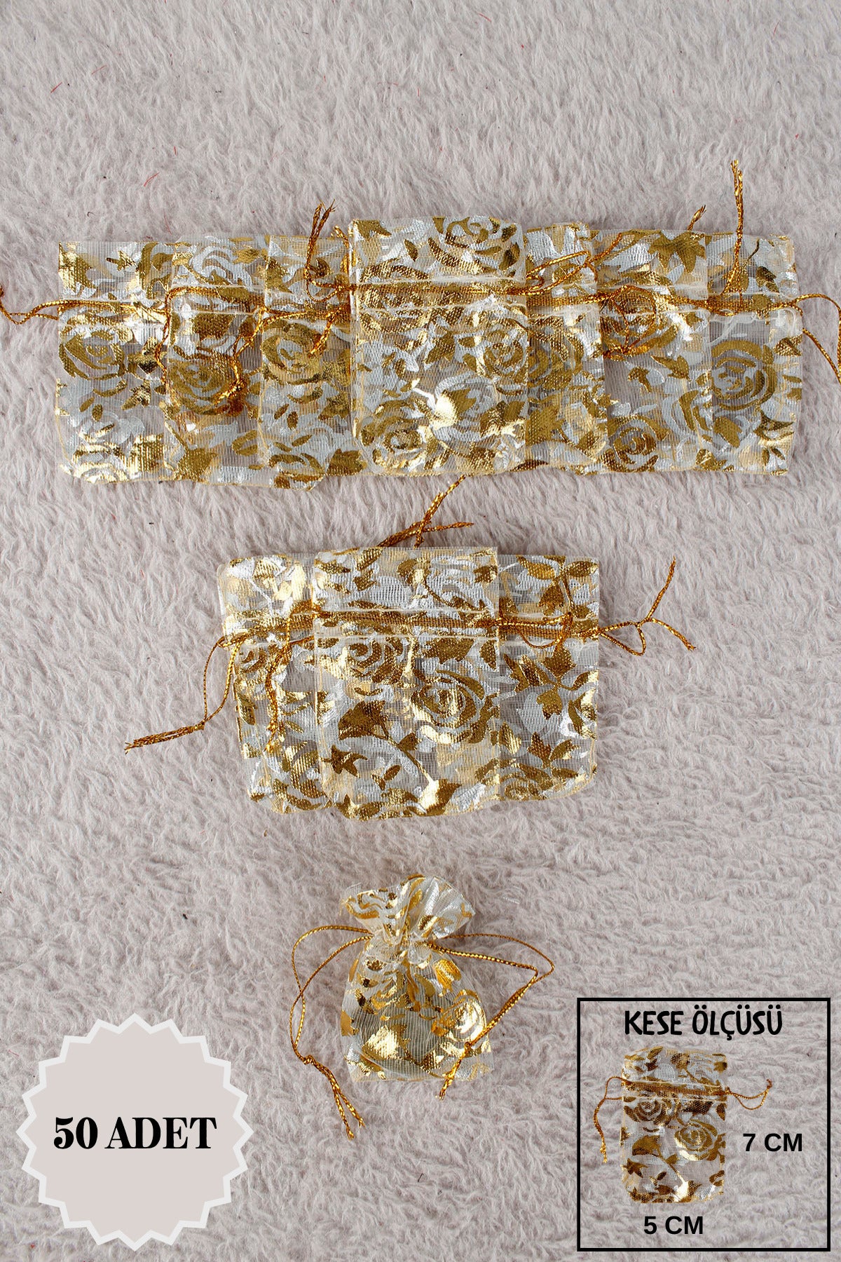 Düz Organze Tül Kese 50 Adet 9x12 Cm Kına, Çerez, Kuruyemiş Hediyelik Altın Söz Bohça Tesbih