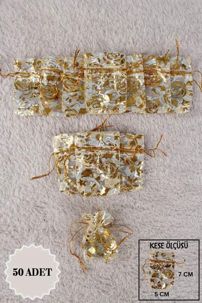 Düz Organze Tül Kese 50 Adet 9x12 Cm Kına, Çerez, Kuruyemiş Hediyelik Altın Söz Bohça Tesbih